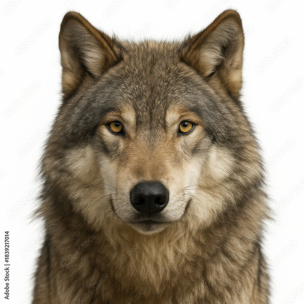 Obraz premium Hyper realistic wolf portrait with detailed fur and amber eyes looking directly forward on white background