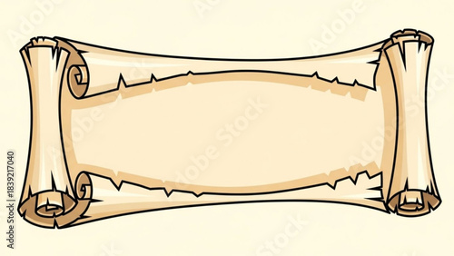 Blank cartoon parchment scroll banner with aged edges and rolled ends perfect for ancient map titles or historical announcements in a light background setting