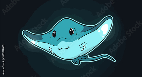 Cartoon stingray illustration with a cute face and vibrant blue color, swimming in the ocean.