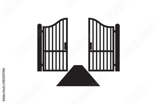 Open iron gate silhouette icon Entrance gate with pathway Silhouette illustration