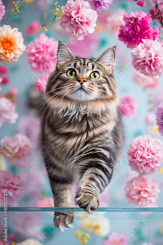 Cat Looking Up Amid Vibrant Floral Background