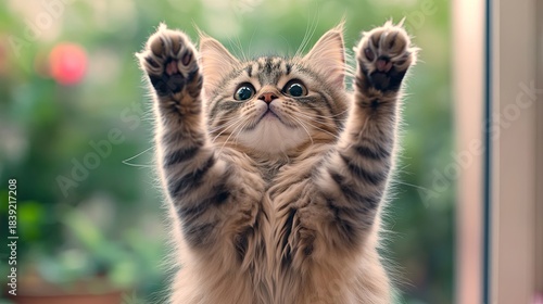 Playful Cat Reaching for Attention from Below