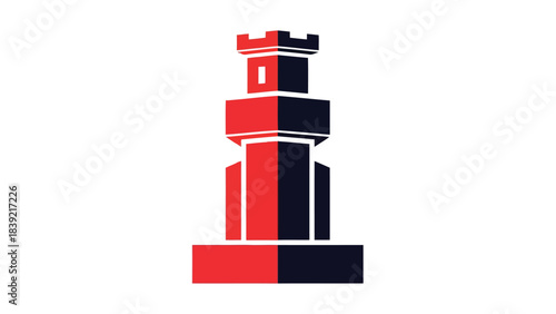 Vector illustration of geometric chess rook, blocky structure, strategic game plan, isolated.