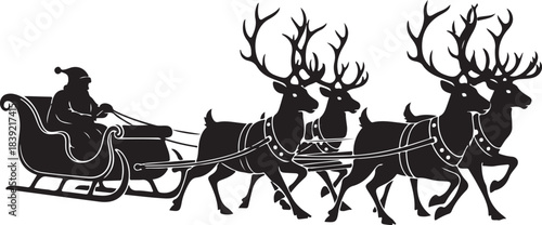 Santa Claus riding in sleigh pulled by three reindeer Christmas holiday