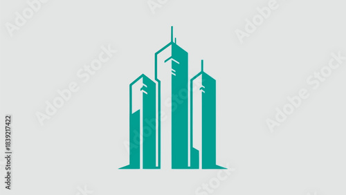Flat design of teal tall buildings vector illustration on gray background.