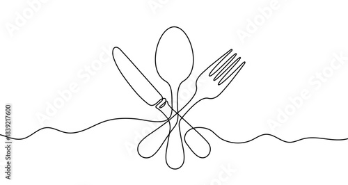 Continuous one line drawing of a set of crossed dining utensils. Drawing of a knife, spoon, and fork with editable black stroke on white background. Vector illustration.
