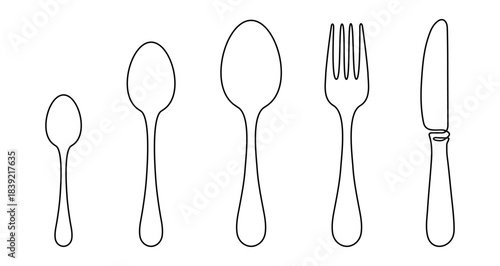 Set of linear icons of cutlery. Five black outlined elements: spoons, fork and knife isolated on white background. Vector illustration.