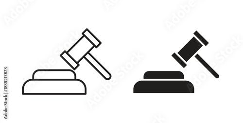Gavel icons in line designs. solid silhouette style in black