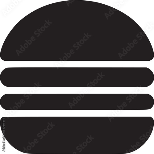 A simple black and white illustration of a burger with buns and fillings in the middle