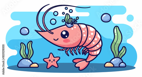Cute cartoon shrimp swimming underwater with starfish and seaweed.