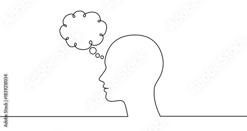 Continuous one line drawing of a head profile silhouette with a thought bubble. Profile drawing with editable black stroke on white background. Vector illustration.