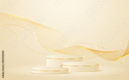 Cream podium with elegant gold wave lines on the back for advertisement display. Display of cosmetic products. Stage or podium. vector illustration	