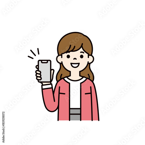 スマートフォンの画面を見せる、若い女性・主婦・ママの上半身ベクターイラスト素材＿カラー