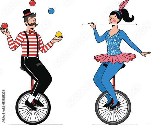 Circus performers riding unicycles, man juggling colorful balls, woman balancing baton, carnival entertainment act, artistic flat illustration, creative show performance design