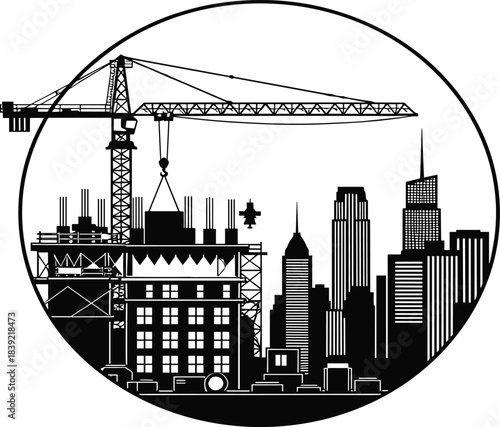 City construction site illustration with crane, modern skyline, building development, urban architecture design, engineering structure, black and white vector art.
