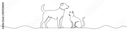 Continuous one line drawing of a standing dog and a sitting cat together. Drawing of domestic pets with editable black stroke on white background. Vector illustration.