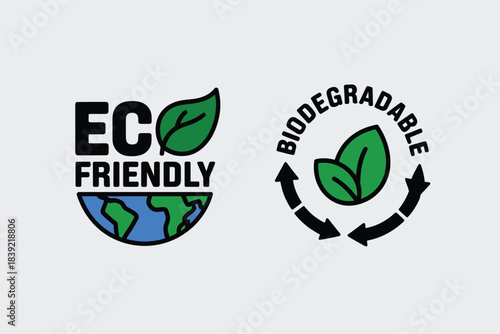 Eco friendly and biodegradable product labels featuring earth icon and leaf symbols perfect for sustainable packaging and environmental marketing
