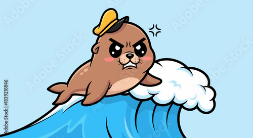Angry cartoon seal wearing a hat riding a wave with determination and focus.