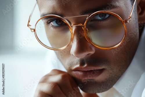 Close-up of a man wearing glasses on a white background, a man wearing glasses looks up