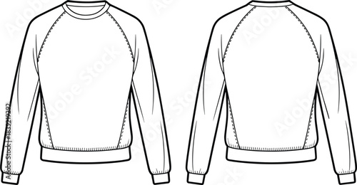 Classic unisex sweatshirt with raglan sleeve design, casual pullover fashion template, detailed technical apparel flat, cad drawing vector illustration