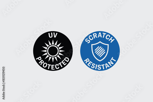 UV protected and scratch resistant icons circular symbols for product labeling and safety information isolated on a light gray background