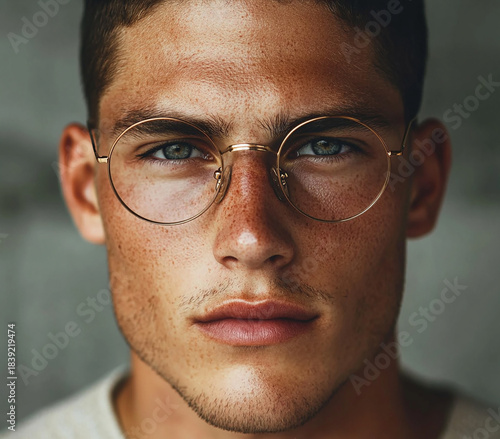 Close-up of a man wearing glasses on a white background, a man wearing glasses looks up