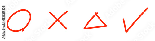赤ペンで書いた風の手書きマル、バツ、三角のイラストセット