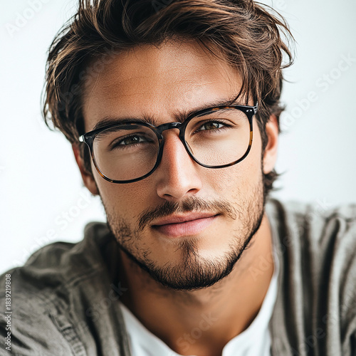 Close-up of a man wearing glasses on a white background, a man wearing glasses looks up