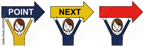 右向きの矢印を持つ笑顔の女性セット