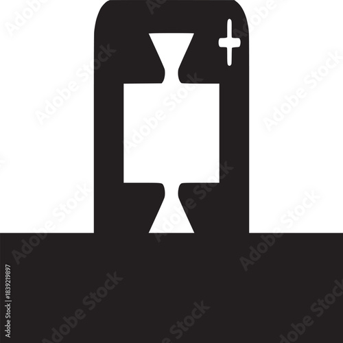 A black and white graphic design featuring a stylized shape with a plus sign in upper right corner