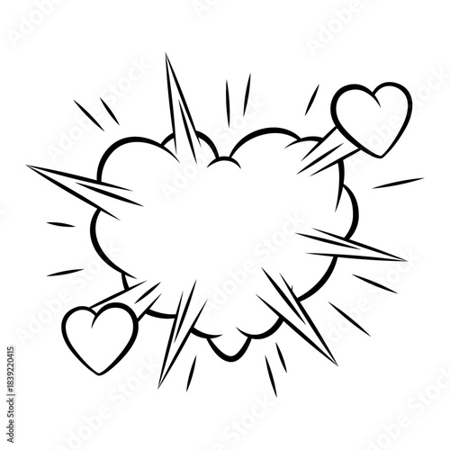 Valentine cartoon cloud heart explosion. Romantic speech bubble in comic style. Love greeting card.