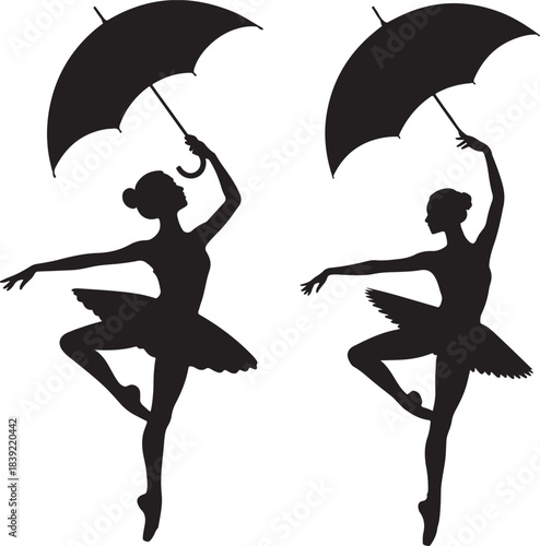 Two ballerinas dancing with umbrellas silhouette