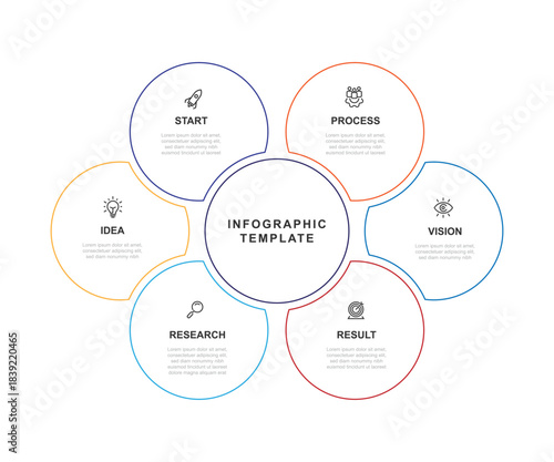 Business infographic template design with 6 step line circle diagram model can be used for workflow layout, presentation banner and web information graphic.