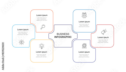 Design template infographic element. 6 step diagram for work information, business presentation and web graphic design.