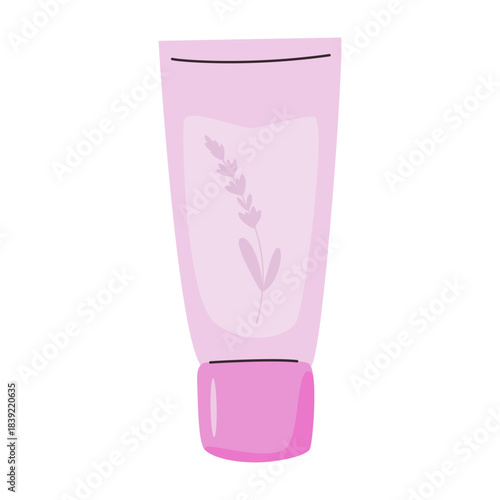 Pink cream tube with lavender branch. Vector illustration for skincare product design, beauty packaging, organic cosmetics, spa, home self care routine.