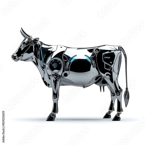 Cybernetic Cow in Side Profile on White Background