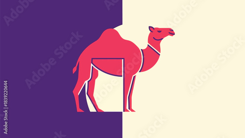 Flat design of stylized camel standing on purple and cream color background vector