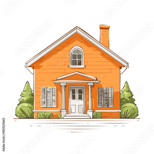 Charming Orange Two Story Home Facade with White Trim and a Chimney