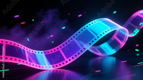Neon film strip flowing in luminous cyan and magenta ribbon of digital motion