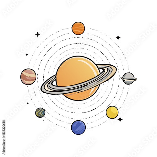 Cartoon Planets Orbiting Yellow Planet with Rings, Astronomy Education Chart for Kids