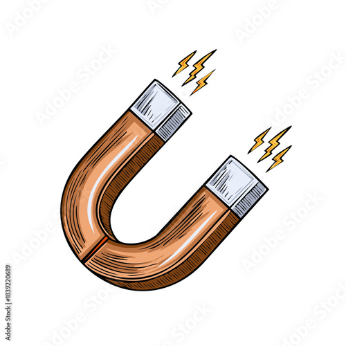 Retro horseshoe magnet attracting power illustration, magnetic force, scientific concept