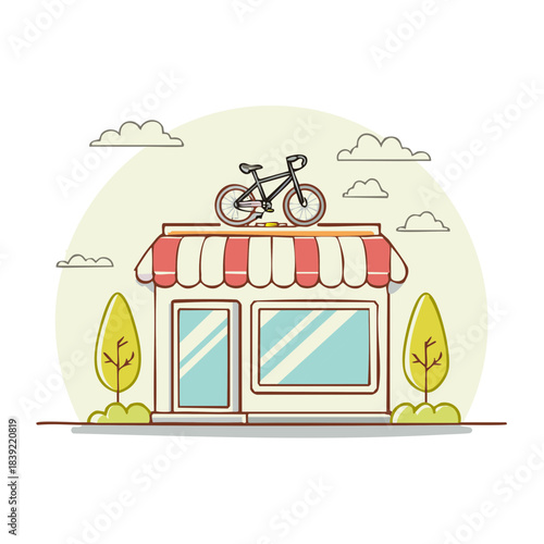 Cute Bicycle Shop Cartoon Illustration featuring a Bike on the Awning surrounded by Trees and Clouds on a Sunny Day