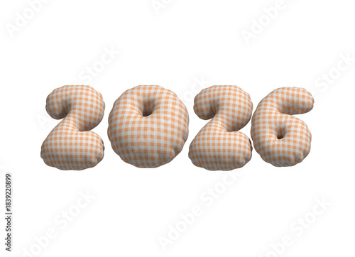 Orange and white gingham plaid pattern fabric plush numbers 2026 isolated on a transparent background for design