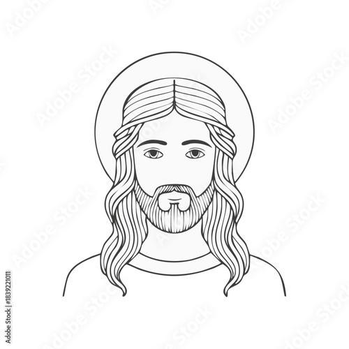 Line Art Drawing of Man with Beard and Halo Religious Figure Illustration