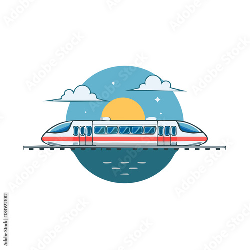 Modern high-speed train traveling across landscape with sun and clouds