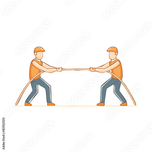 Two Men Engage in a Tug of War Competition, Demonstrating Strength and Teamwork, Using a Thick Rope