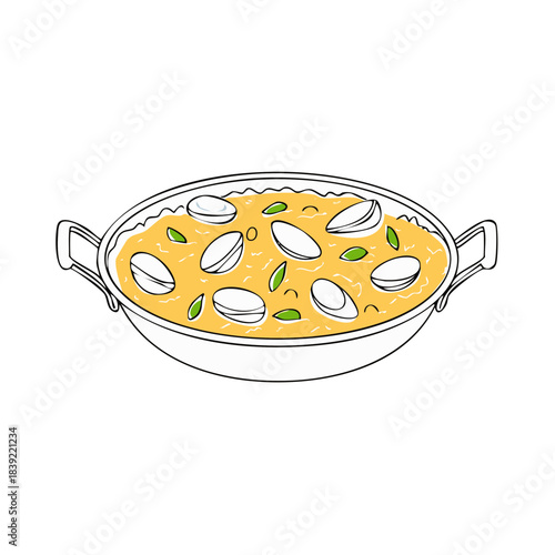 Paella in a traditional pan with mussels and herbs, cartoon drawing, seafood dish