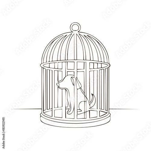 Dog in cage outline drawing, pet in confinement, animal prison concept