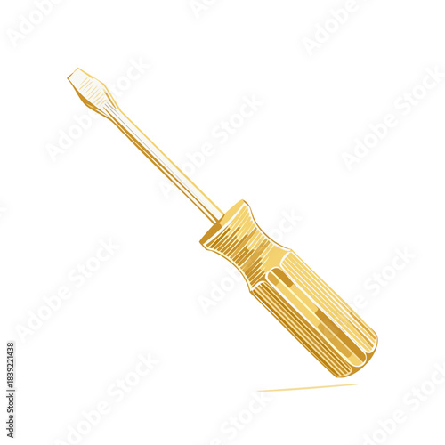 Golden hued flathead screwdriver with fluted grip isolated on white background