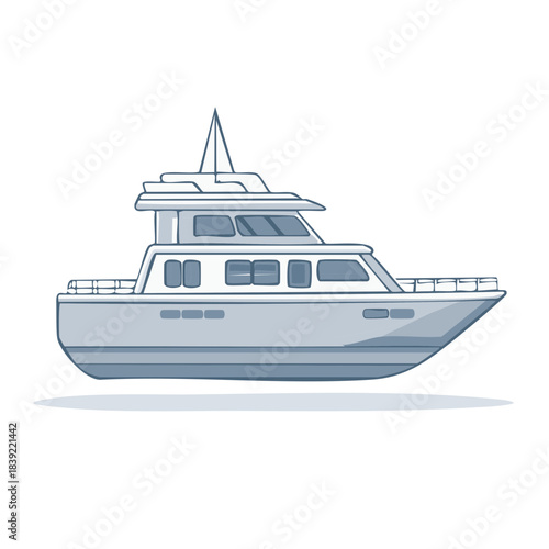 Modern motor yacht vessel illustration. Stylized simple cartoon boat drawing for water recreation and travel.